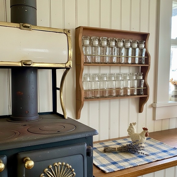 Rare Antique Wooden Spice Rack with 16 Glass Apothecary Jars Farmhouse - Picture 14 of 15